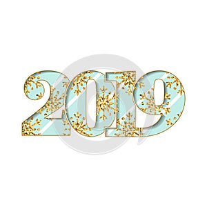 Happy new year card. Blue number 2019 with gold snowflakes, isolated white background. Golden texture. Bright design for