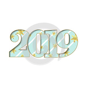 Happy new year card. Blue number 2019 with gold snowflakes, isolated white background. Golden texture. Bright design for