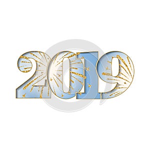 Happy new year card. Blue number 2019 with gold sparkles, isolated white background. Bright golden design for holiday
