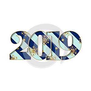 Happy new year card. Blue striped number 2019, gold snowflake texture, isolated white background. Bright graphic design