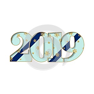 Happy new year card. Blue striped number 2019, gold snowflake texture, isolated white background. Bright graphic design