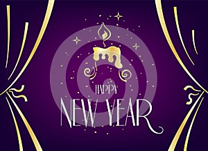 Happy New Year card with candle, stars and golden confetti on violet background. Vector