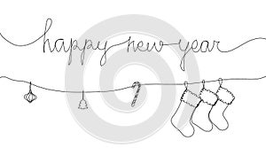 Happy New Year card with Christmas stockings, Christmas toys, candy one line art. Continuous line drawing of new year