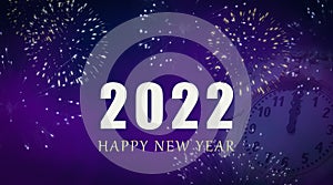 2022 Happy New Year card with clock and fireworks.