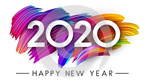 Happy New Year 2020 card with colorful brush stroke design.