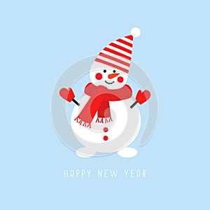 Happy New Year card with cute snowman on blue background.