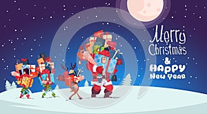 Happy New Year Card With Elves, Reindeer And Santa Carrying Gift Boxes