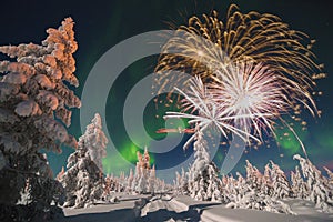 Happy New Year card with firework, forest and northern light.