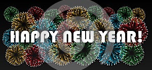 Happy new year, card with fireworks, vector image