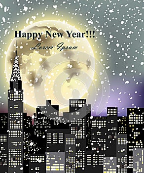 Happy New Year card with full moon over city skyscrapers. Vector snowy night illustrations