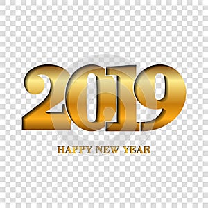 Happy New Year card Gold number 2019. Golden gradient digits, isolated on white background. Glowing shiny design, light