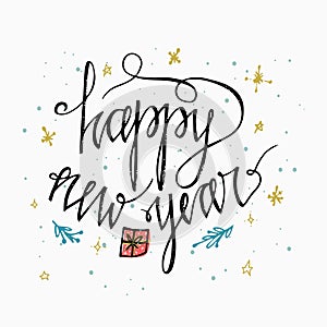 Happy new year card. Hand lettering calligraphic inscription by brush for Christmas, New Year greeting card template. Snowflakes