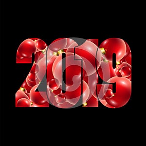 Happy new year card. Number 2019 with red and gold baubles, isolated white background. Bright design for holiday