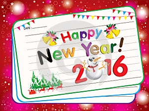 Happy New Year 2016 Card on pink snow background. With new year party and Santa Claus on red background.