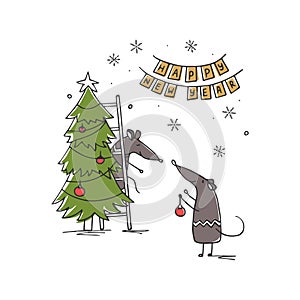 Happy new year card with rats decorating the Christmas tree.