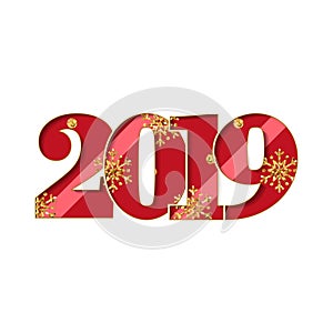Happy new year card. Red number 2019 with gold snowflakes, isolated white background. Golden texture. Bright design for