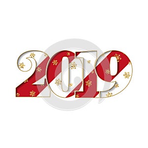 Happy new year card. Red striped number 2019, gold snowflakes, isolated white background. Golden texture. Bright design