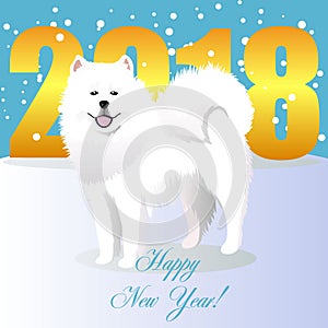 Happy new year card with Samoed dog