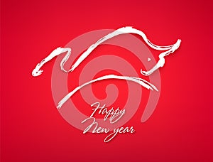 Happy New Year card with silhouette of the bull on red background. Vector illustration