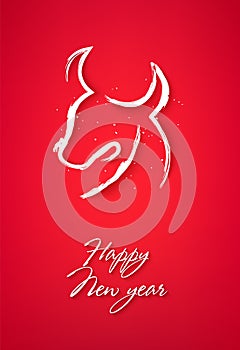 Happy New Year card with silhouette of the cow and snow on red background. Vector