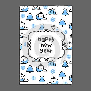 Happy new year card template with cute cartoon polar fox