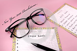 Happy new Year 2020 card and template with text on pink background