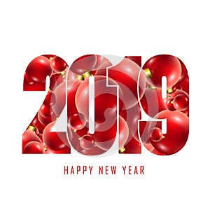 Happy new year card with text. Number 2019 with red and gold baubles, isolated white background. Bright design for