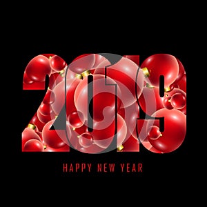 Happy new year card with text. Number 2019 with red and gold baubles, isolated white background. Bright design for