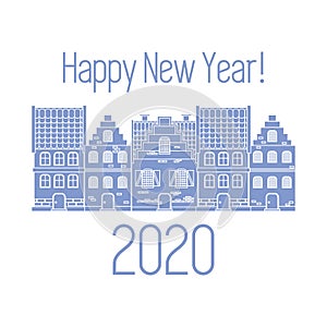 Happy New Year 2020 card. Vector houses. Festive