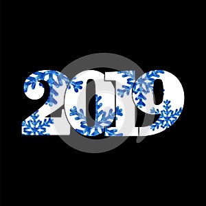 Happy new year card. White number 2019 with blue snowflakes, isolated black background. Golden firework. Bright design