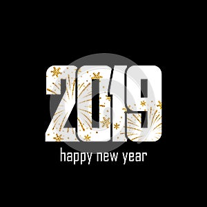 Happy new year card. White number 2019 with gold snowflakes, isolated black background. Golden firework. Bright design