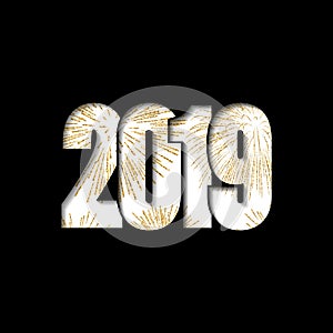 Happy new year card. White number 2019 with gold sparkles, isolated black background. Golden firework. Bright design for