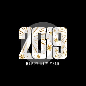 Happy new year card. White number 2019 with gold snowflakes, isolated black background. Golden firework. Bright design