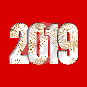 Happy new year card. White number 2019 with gold sparkles, isolated red background. Golden firework. Bright design for