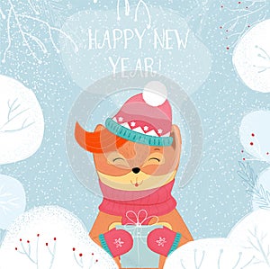 Happy New Year Card Winter fox Holding Gift Box