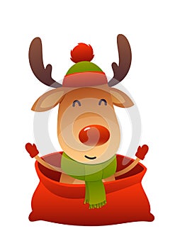 Happy new year cartoon card christmas reindeer in Santa Claus bag