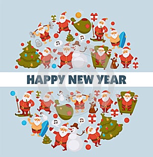 Happy New Year cartoon Santa celebrating holidays or having leisure summer fun icons for greeting card design.