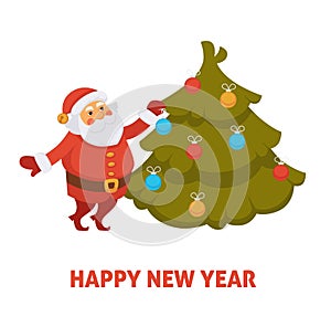 Happy New Year cartoon Santa decorating Christmas tree vector greeting card icon