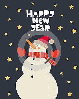 Happy new year. cartoon snowman, hand drawing lettering, decor elements on a neutral background. holiday theme.  Colorful vector i