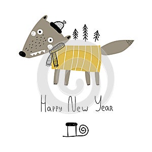 Happy new year. Cartoon wolf, hand drawing lettering, decor elements. holiday theme. Colorful vector illustration, flat style. des