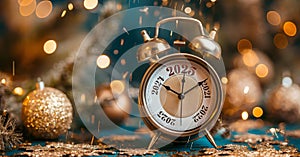 Happy New Year 2025 celebration with Christmas oranament on the table