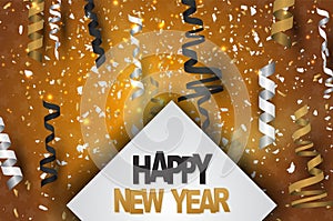 Happy New Year celebration design concept with ringlets and confetti. Black and gold luxury poster or banner.