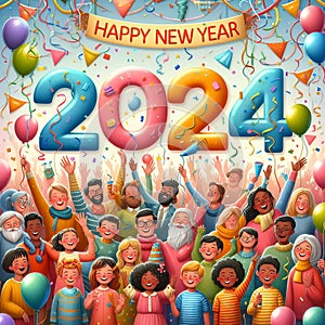 Happy New Year 2024, Celebration fireworks, streamers and balloons photo