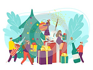 Happy new year celebration with holiday gift concept, vector illustration. Cartoon christmas tree and flat people