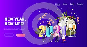 2021 Happy New Year Celebration Landing Page Template. Tiny Characters Have Fun, Drink Champagne at Huge Chiming Clock photo