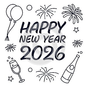 Happy New Year 2026 Celebration Line Vector Design