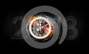 Happy New Year 2018 celebration with white light abstract clock on futuristic technology background, vector illustration