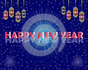 Happy New Year celebrations with Arabic style, fire works and gradient background.