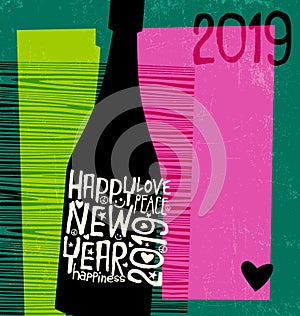 Feliz nuevo 2019 champán una botella fascinante escrito las palabras 