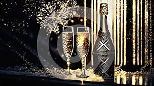 happy new year , champagne , fireworks , festive celebration , gold background video animation 4K